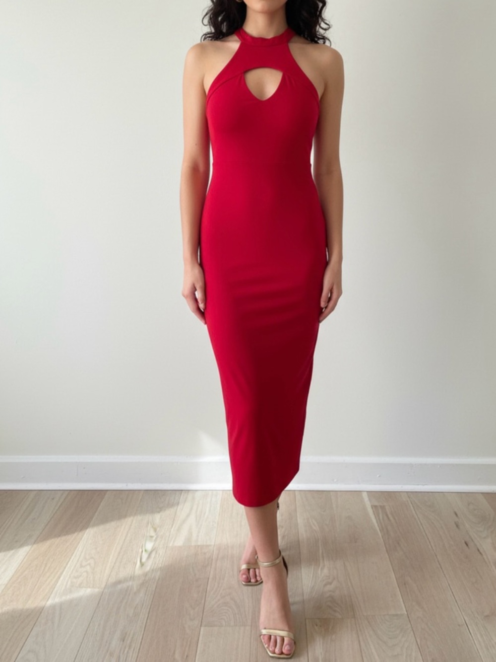 Haute Monde Red Bodycon Halter Midi Dress with Keyhole Neckline Size Small